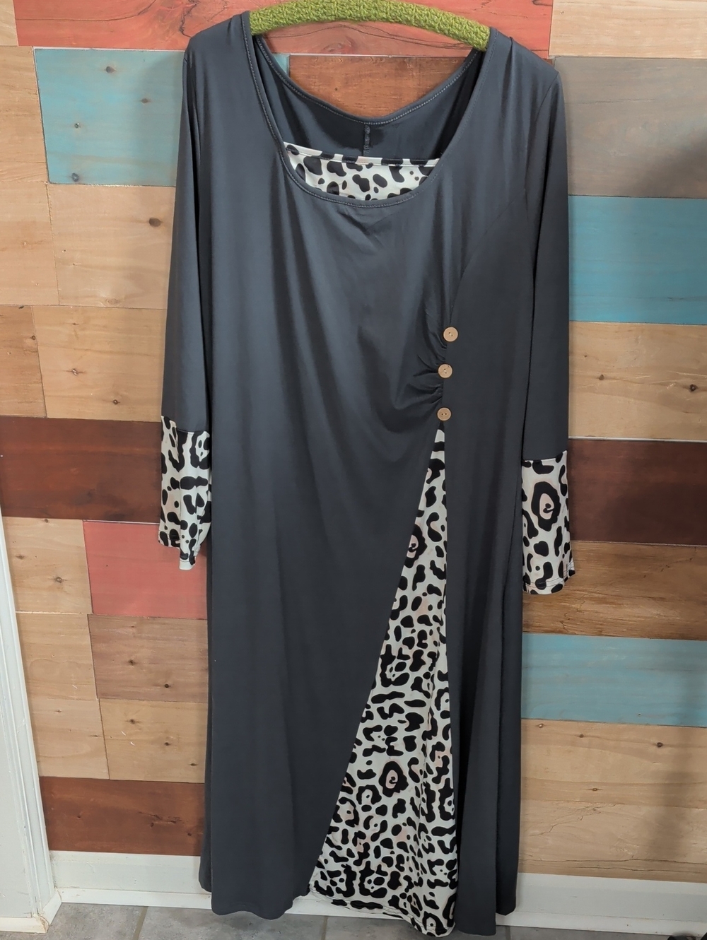 SHEIN Charcoal Maxi Dress with Cream Leopard Insets and Button Detail